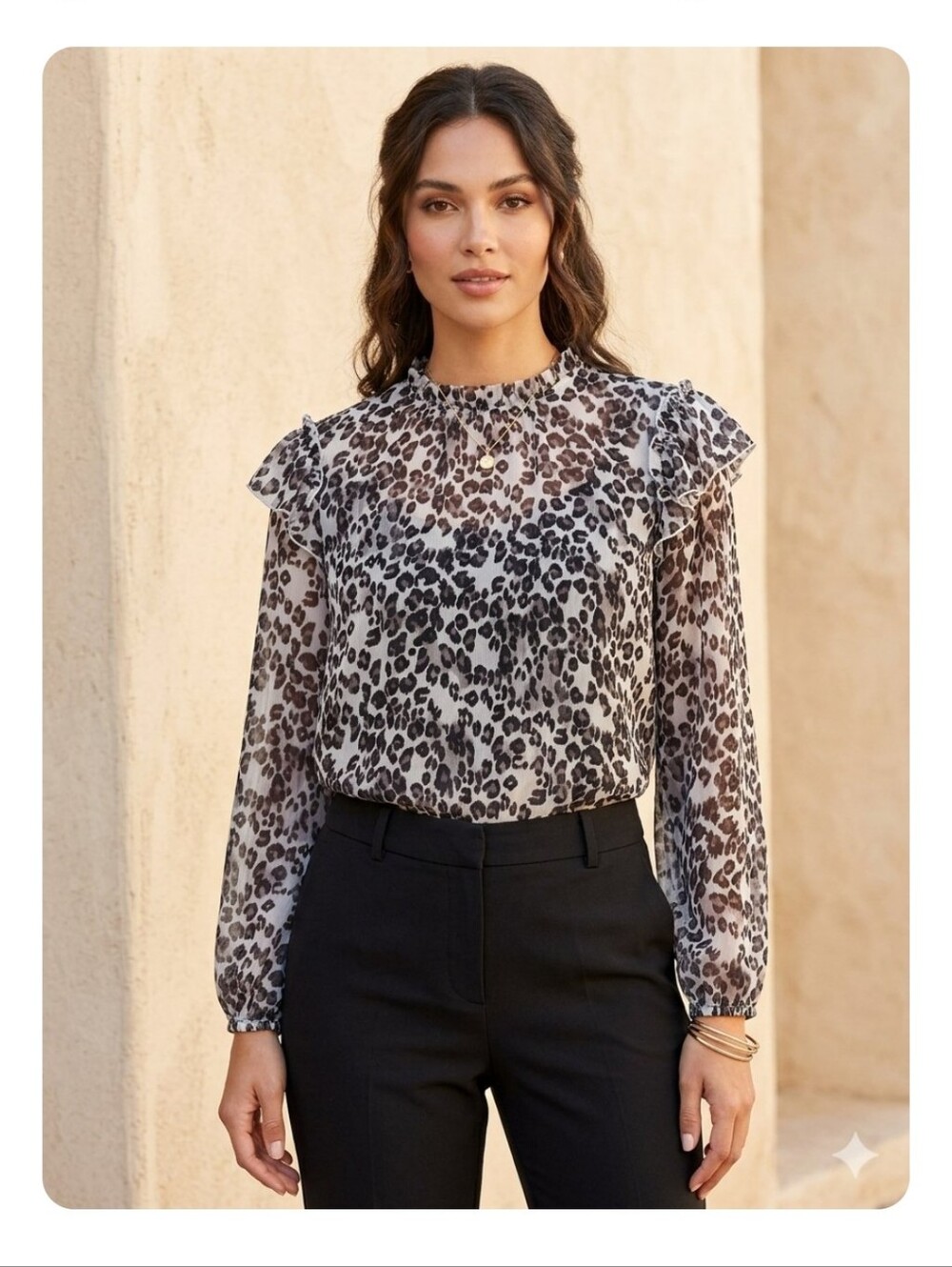 A. Byer Sheer/lined Leopard-Print Ruffle Long-Sleeve Blouse - Black/White/Silver